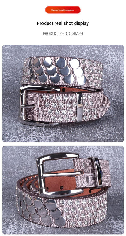 Women punk rhinestone stud faux leather belt
