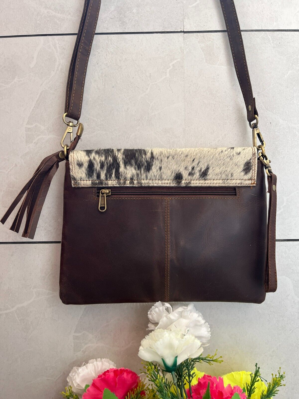 Black White Cowhide Sling Purse