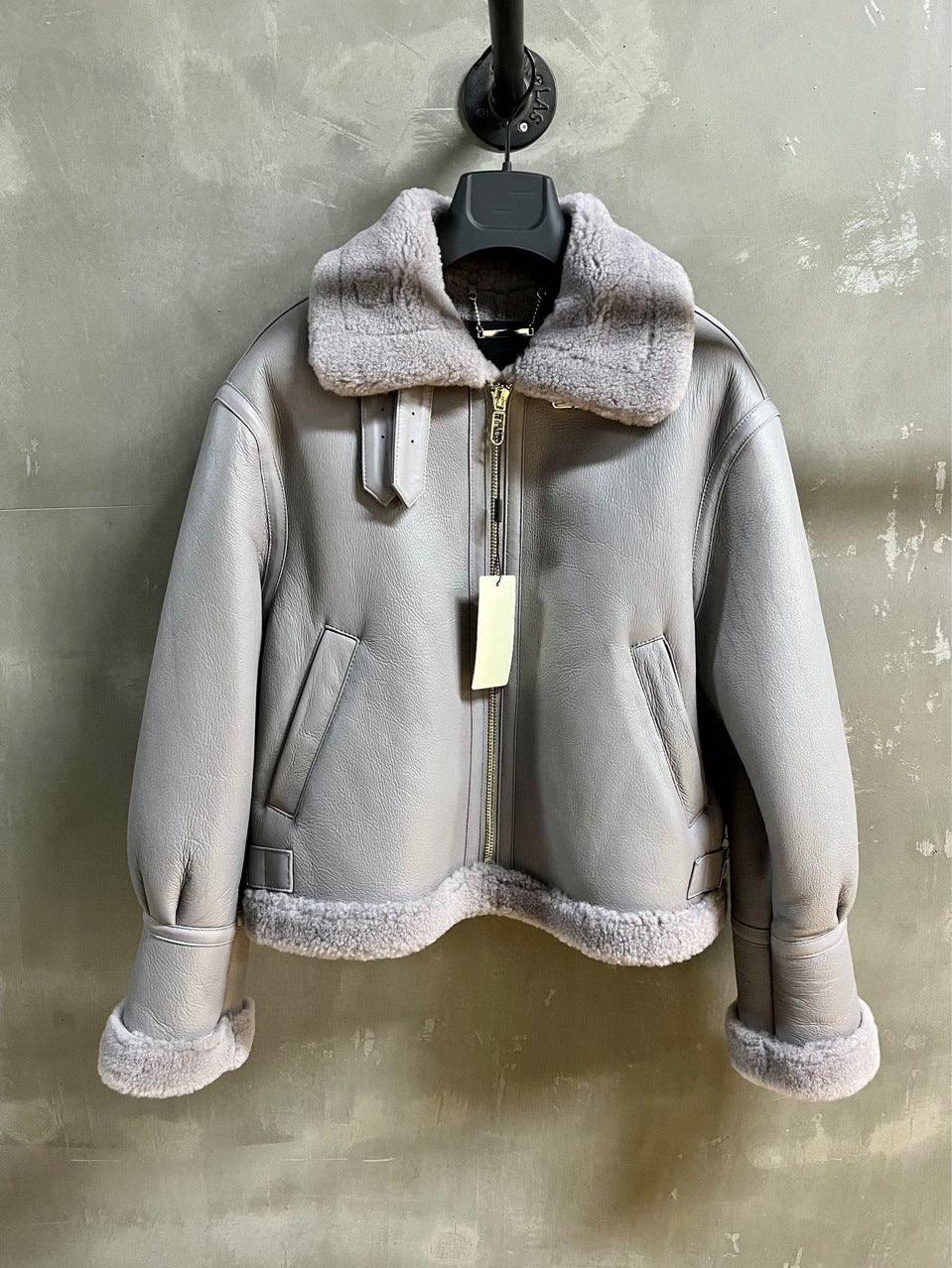 Women Real Shearling Leather Bomber Winter Jacket