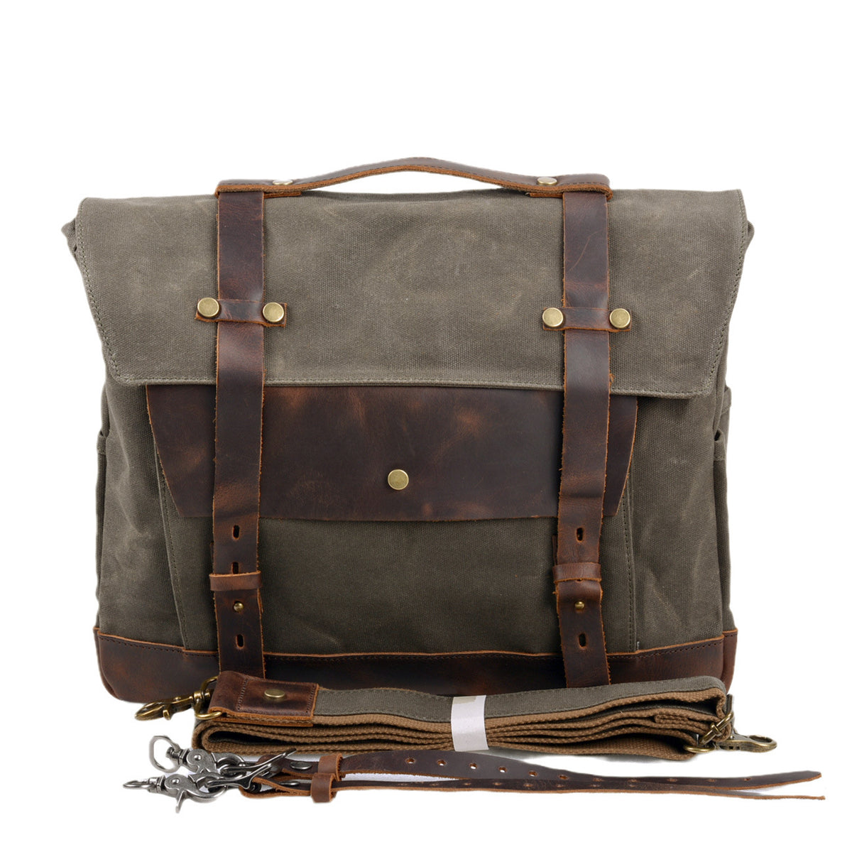 Canvas Motorcycle Saddlebag with Waxed Finish and Cowhide Leather Straps 2