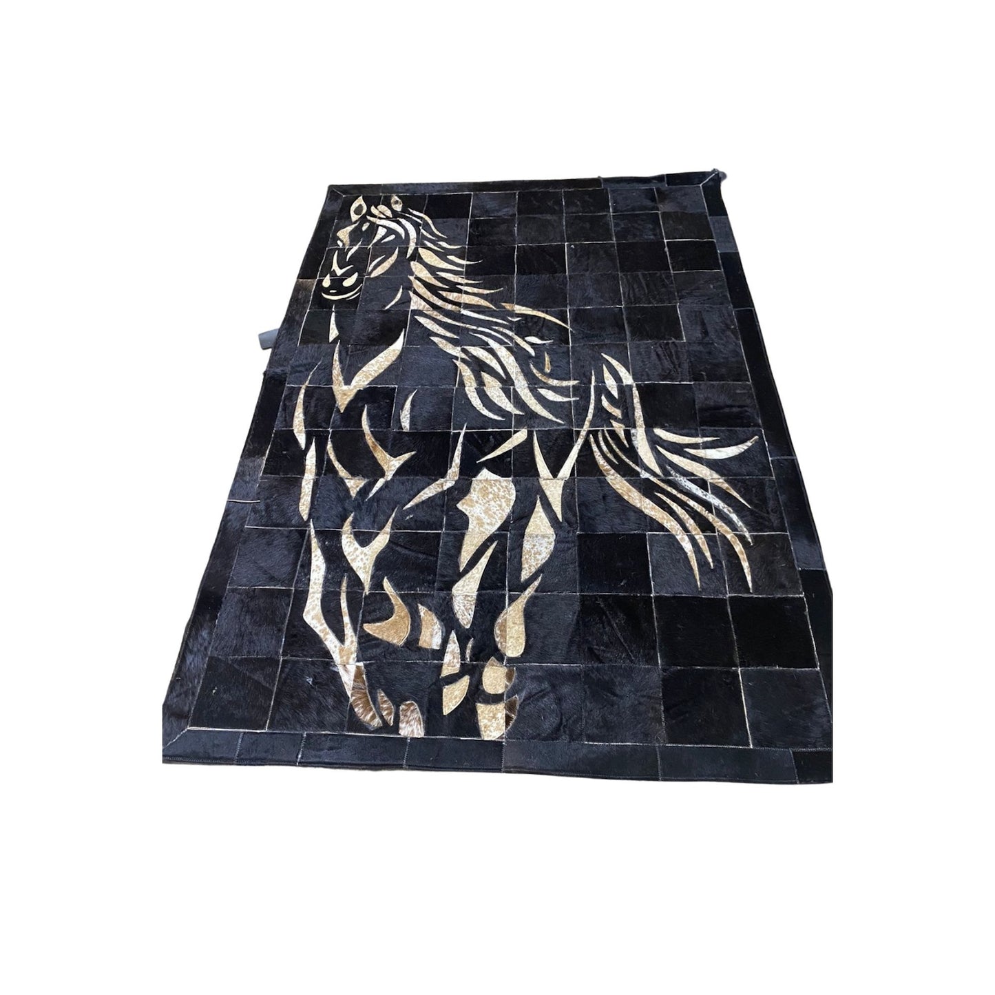 Real Cowhide Patchwork Rug with Horse Design