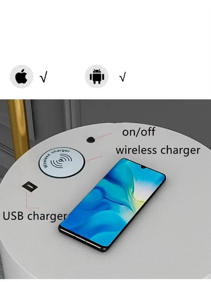 Modern arc floor lamp with wireless charging and drawer