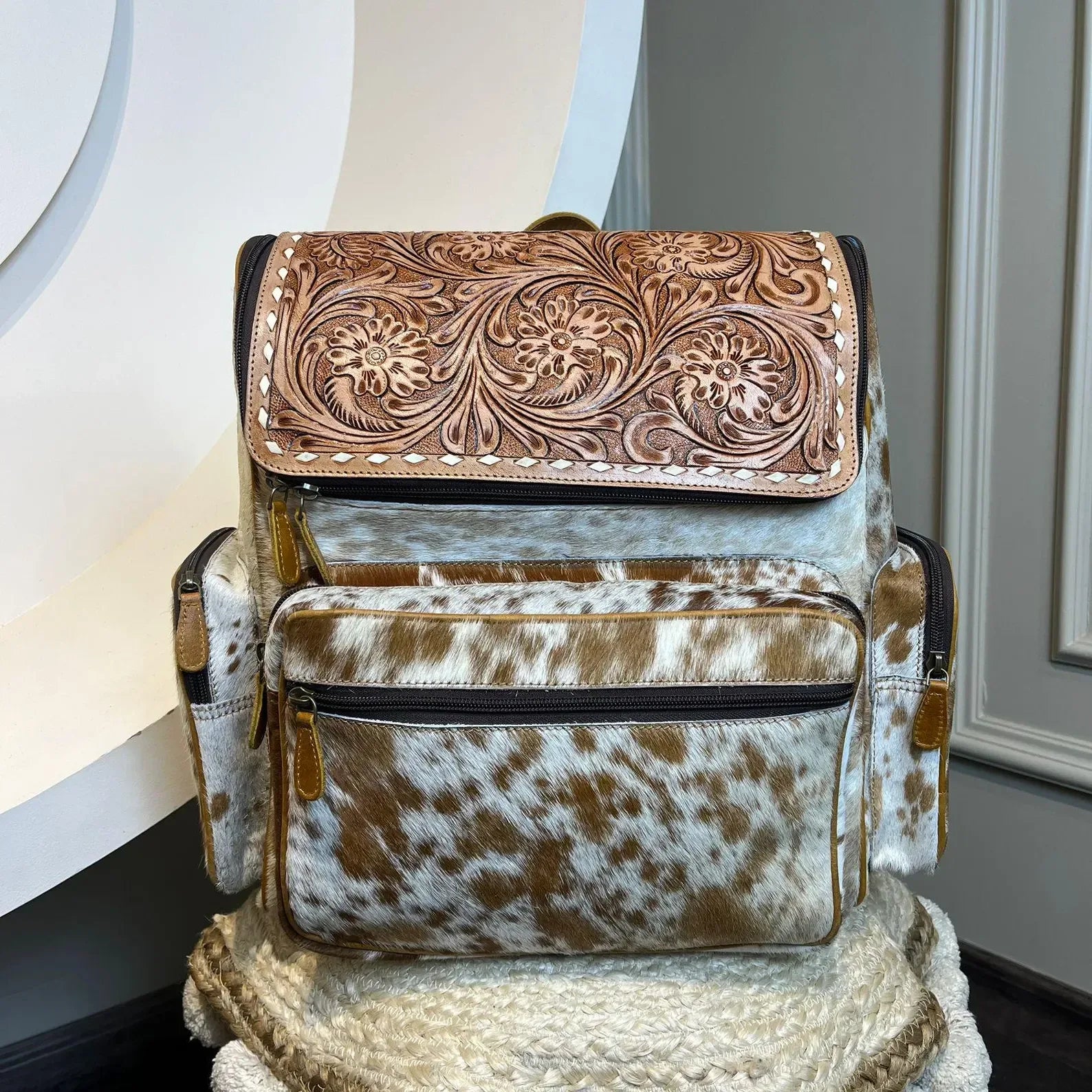 black tooled leather backpack Tooled Hair On Cowhide Backpack – Boho Living Room