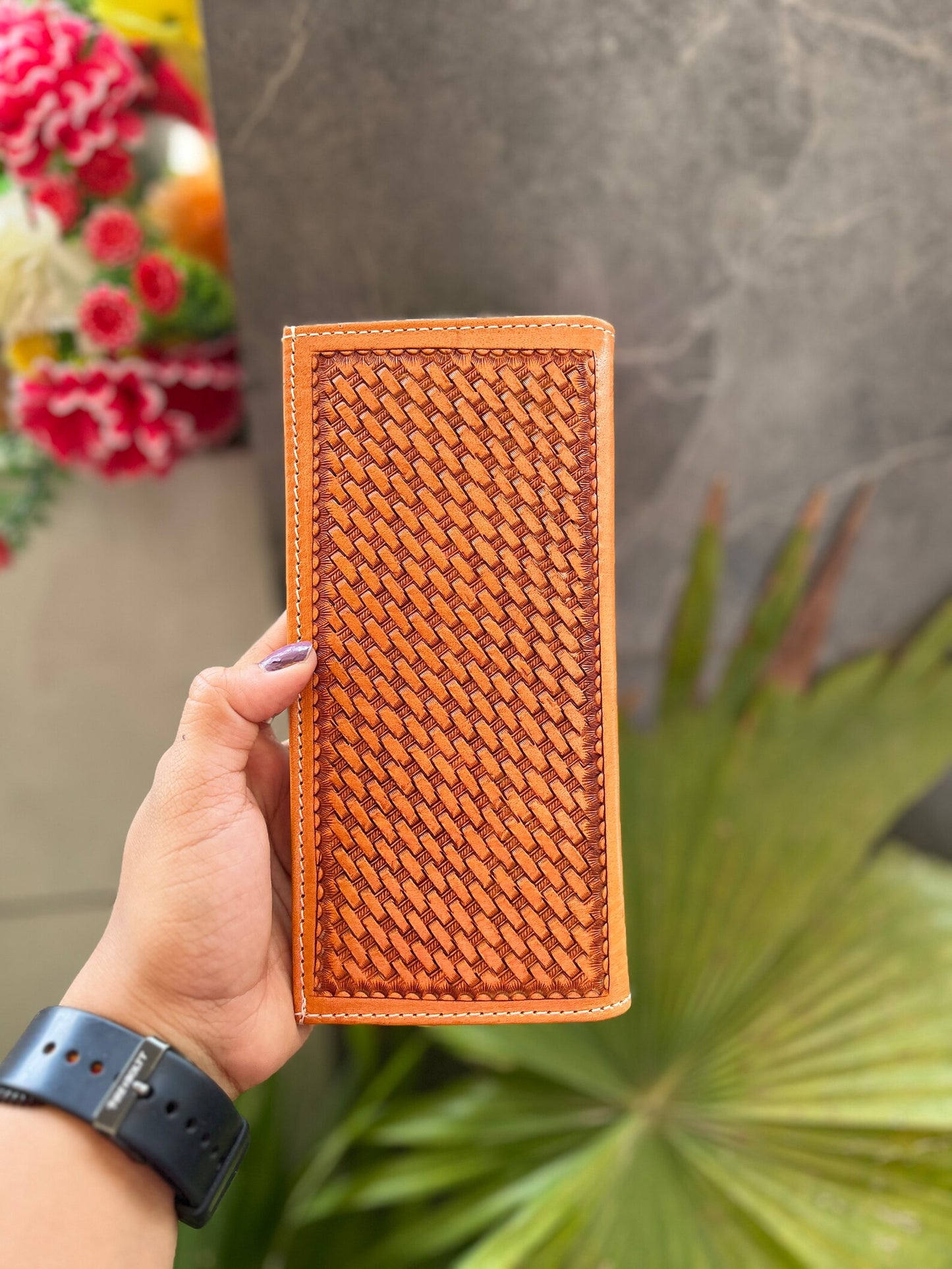 Tooled Cowhide Leather Long Wallet