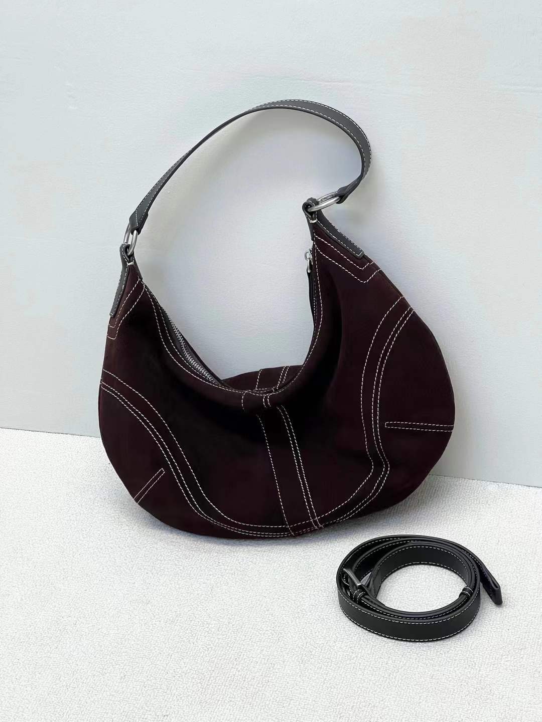 Suede Leather Underarm Crescent Shoulder Bag