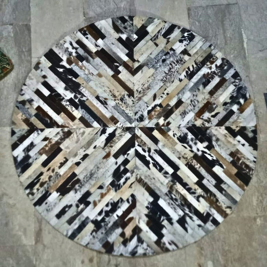 Real Cow Skin Patchwork Rug Round