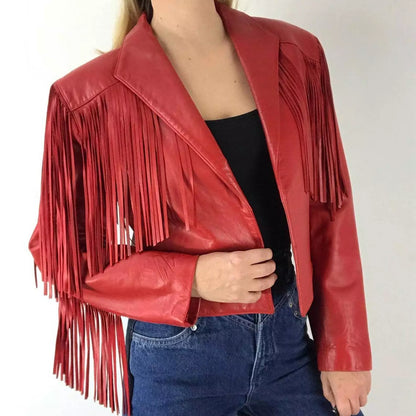 Women's Red Leather Fringe Jacket