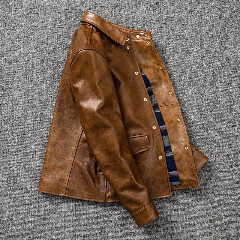 Oil Wax Leather Jacket Men Brown Slim Fit Boxer Style
