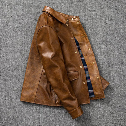 Oil Wax Leather Jacket Men Brown Slim Fit Boxer Style