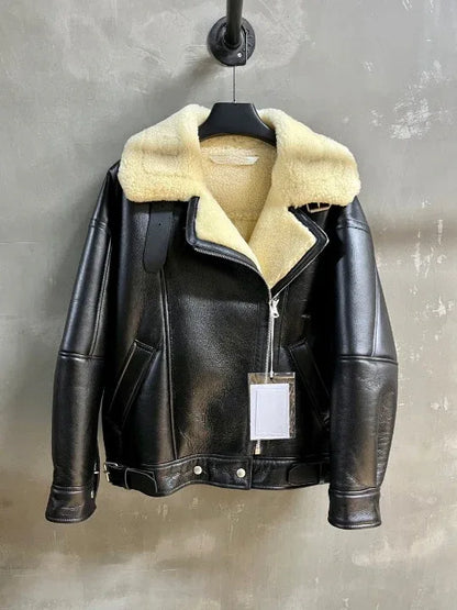 Women Shearling Leather Jacket Real Wool Lining 2 S