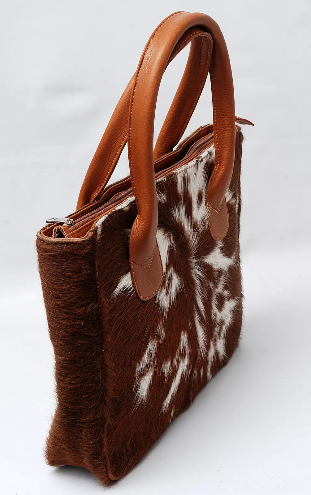 Brown White Leather Cowhide Tote Purse