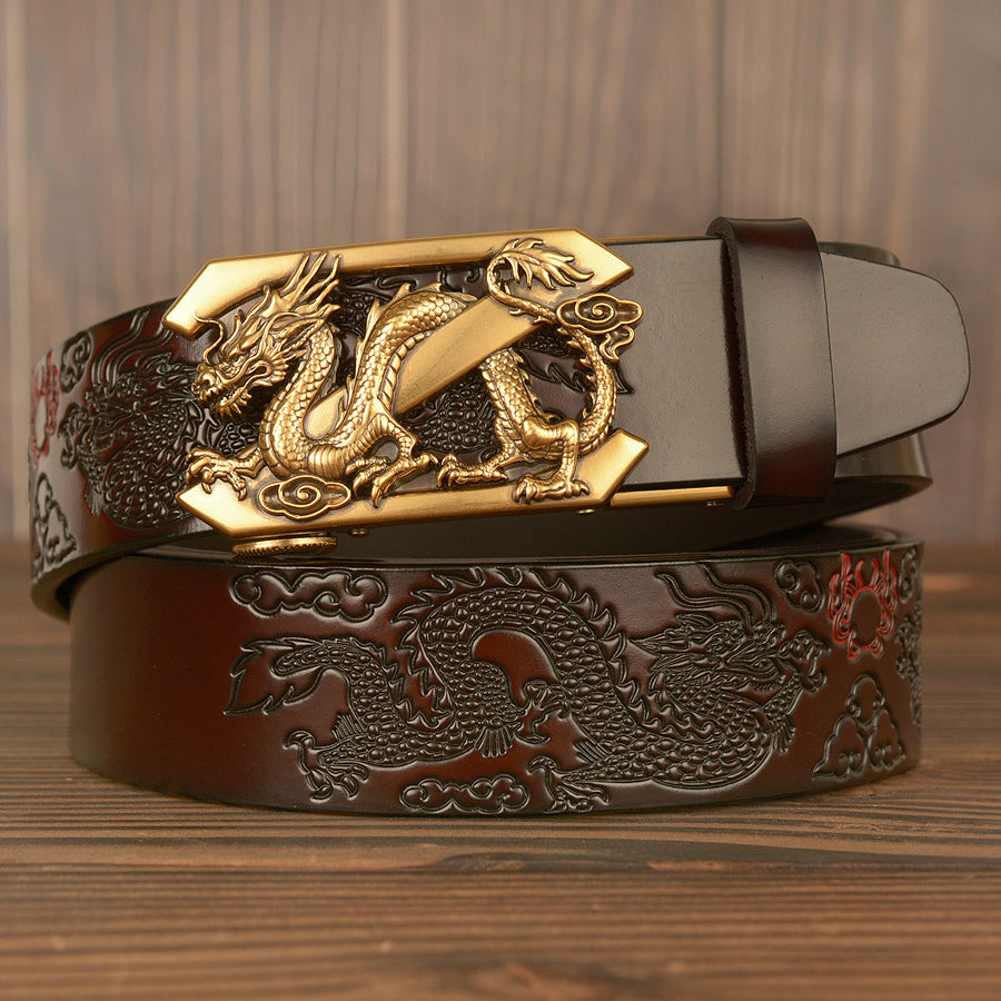 Men Dragon Leather Belt With Alloy Automatic Buckle