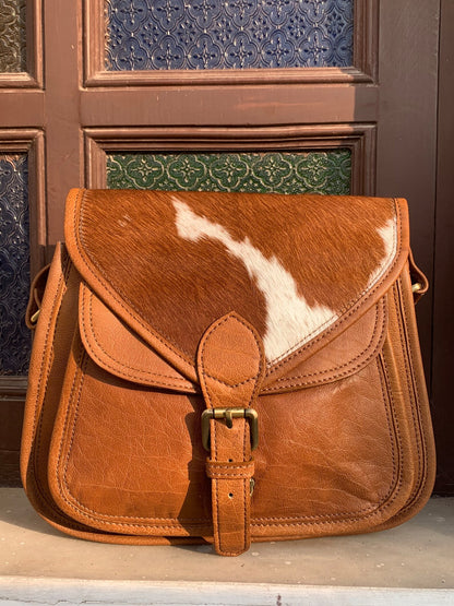 Natural Cowhide Messenger Bag Brown White