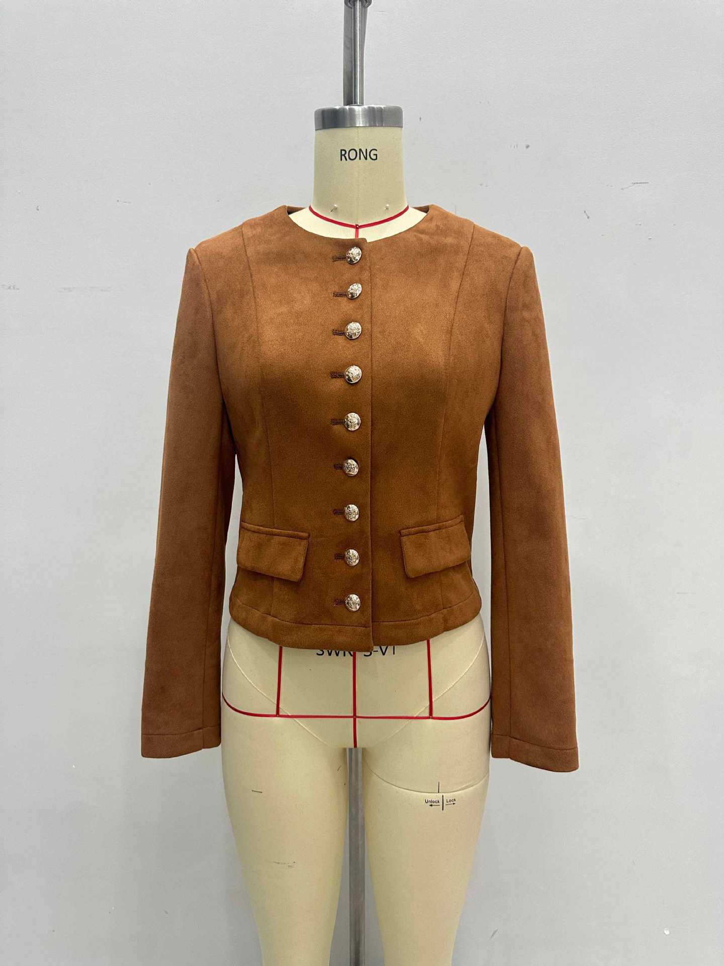 Brown Faux Suede Jacket Womens with Gold Buttons