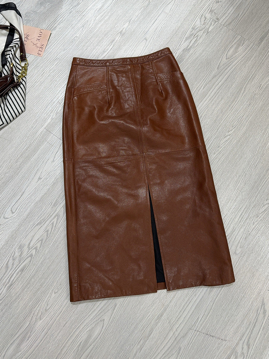 Women’s Real Leather Mid-Length Skirt with Back Slit