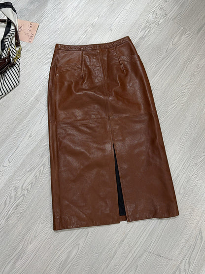 Women’s Real Leather Mid-Length Skirt with Back Slit
