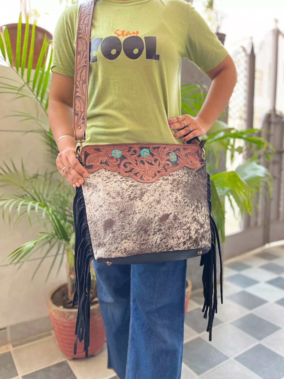 Real Cowhide Tooled Leather Fringe Handbag