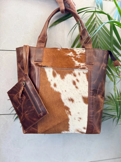 large cowhide tote bags brown white