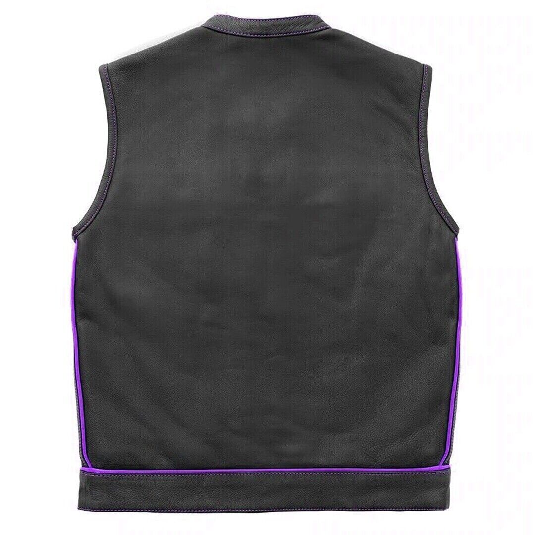 Black Leather Biker Vest Handmade Purple Lining