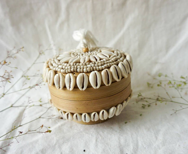 Beaded seashell bamboo basket