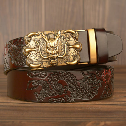 Men’s Genuine Cowhide Leather Belt with Double Dragon Oval Buckle