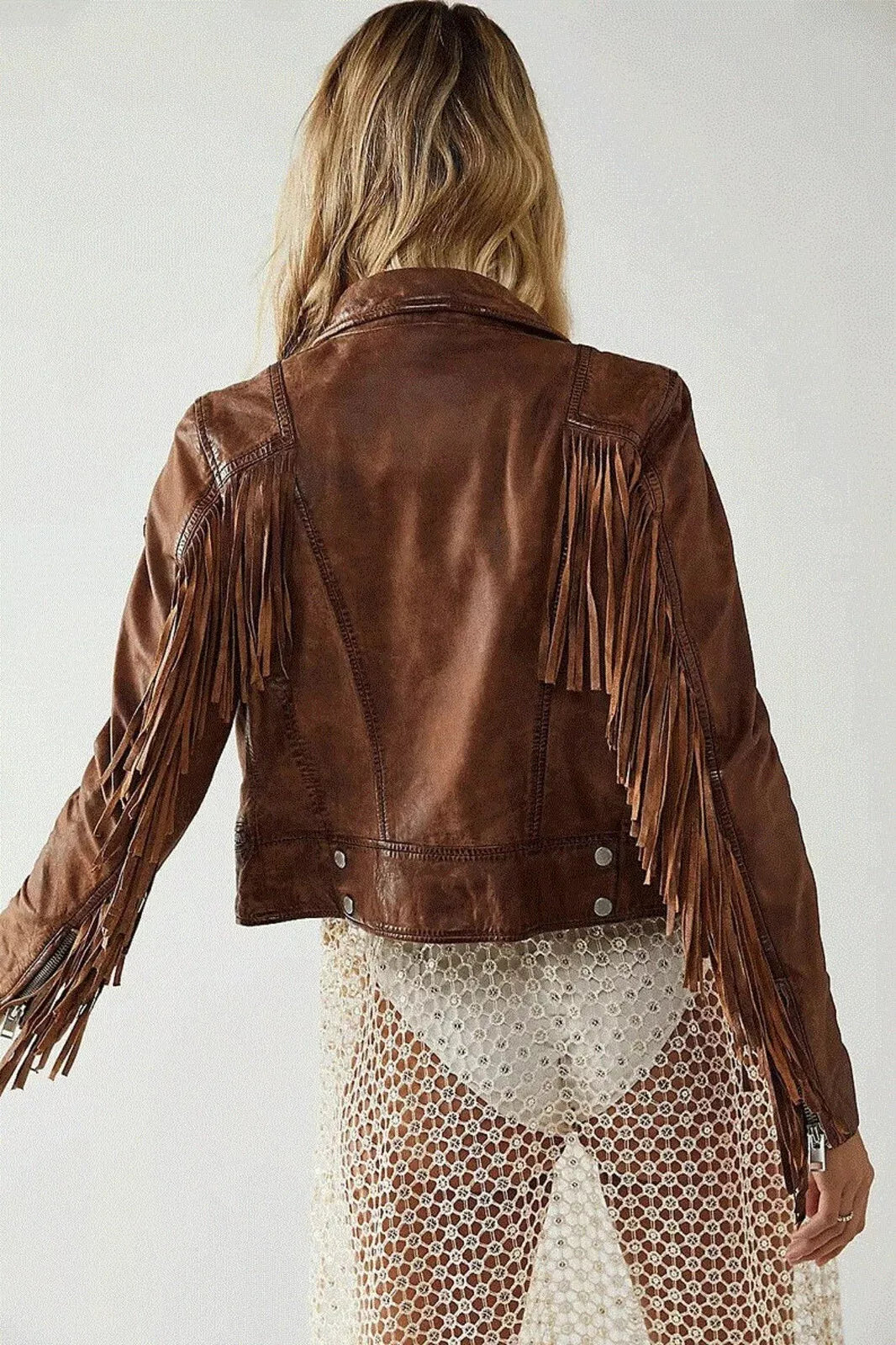 Women's Brown Lambskin Leather Fringed Jacket