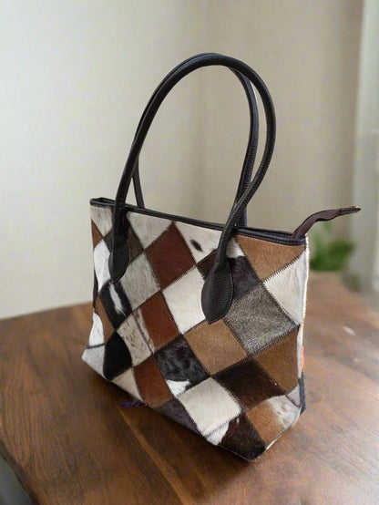 Cowhide patchwork tote purse