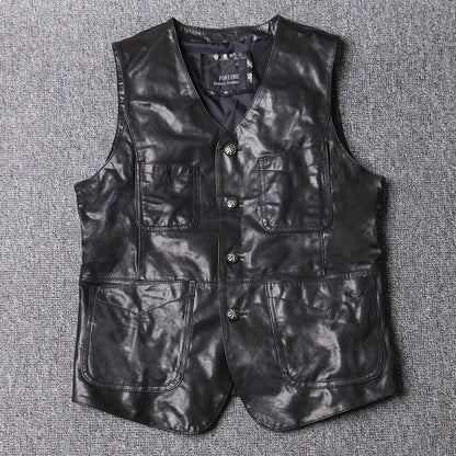 Men Leather Vest Sheepskin Black V-Neck Button Waistcoat