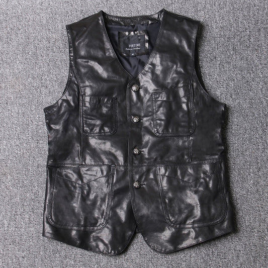 Men Leather Vest Sheepskin Black V-Neck Button Waistcoat