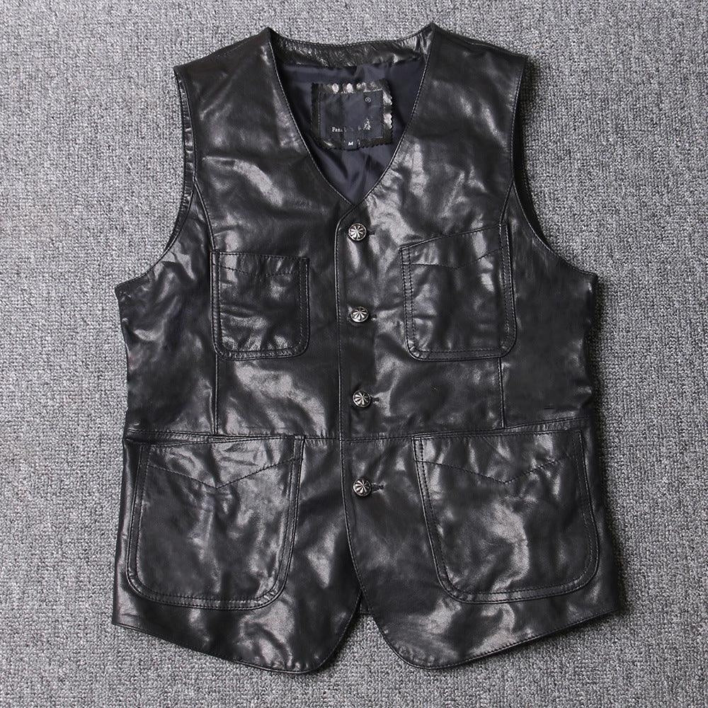 Men’s Black Sheepskin Leather V Neck Vest