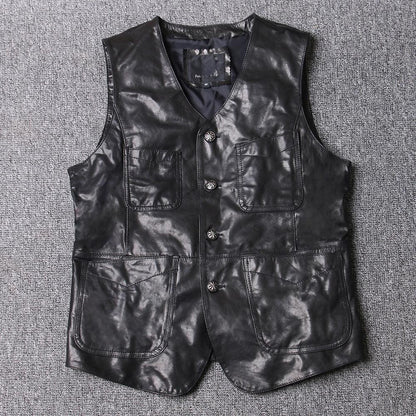Men’s Black Sheepskin Leather V Neck Vest