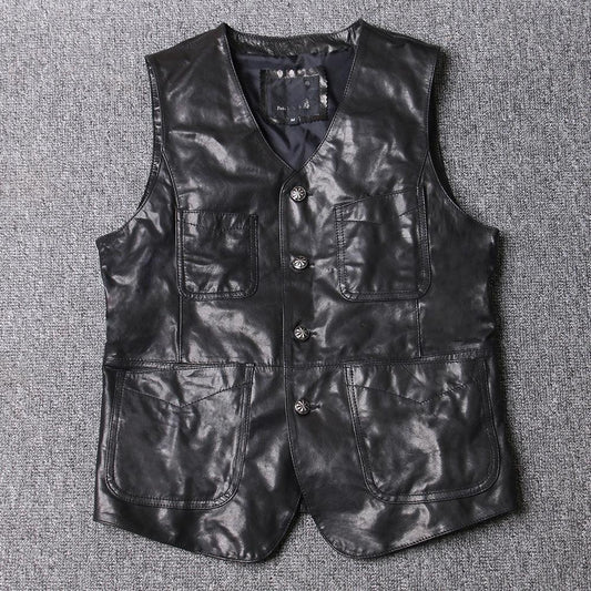 Men’s Black Sheepskin Leather V Neck Vest