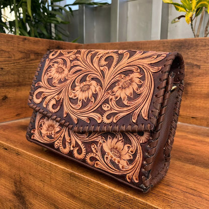 Tooled Leather Crossbody Sling Bag