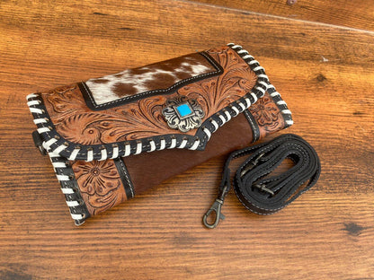 Cowhide Clutch Crossbody Bag With Tooled Leather