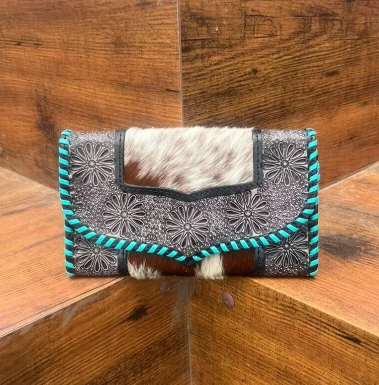 Hair On Cowhide Tooled Leather Clutch Purse