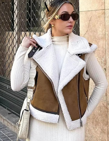 Double sided faux shearling biker vest women