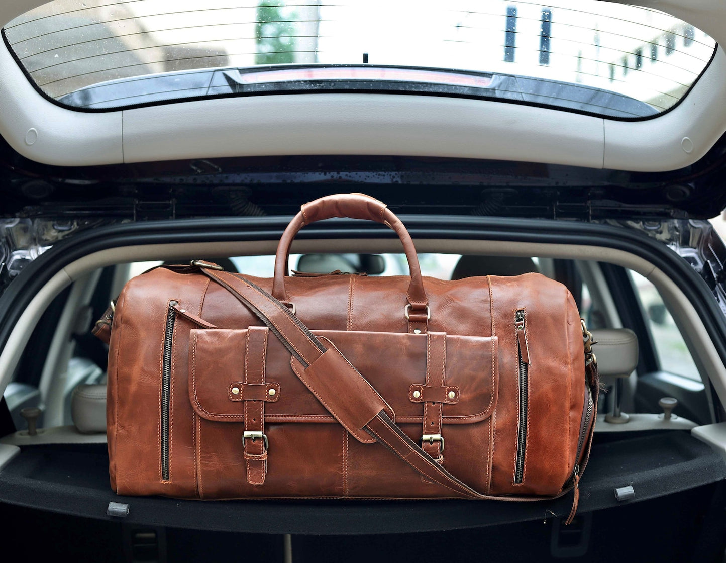 Genuine Brown Leather Duffle Weekender Bag