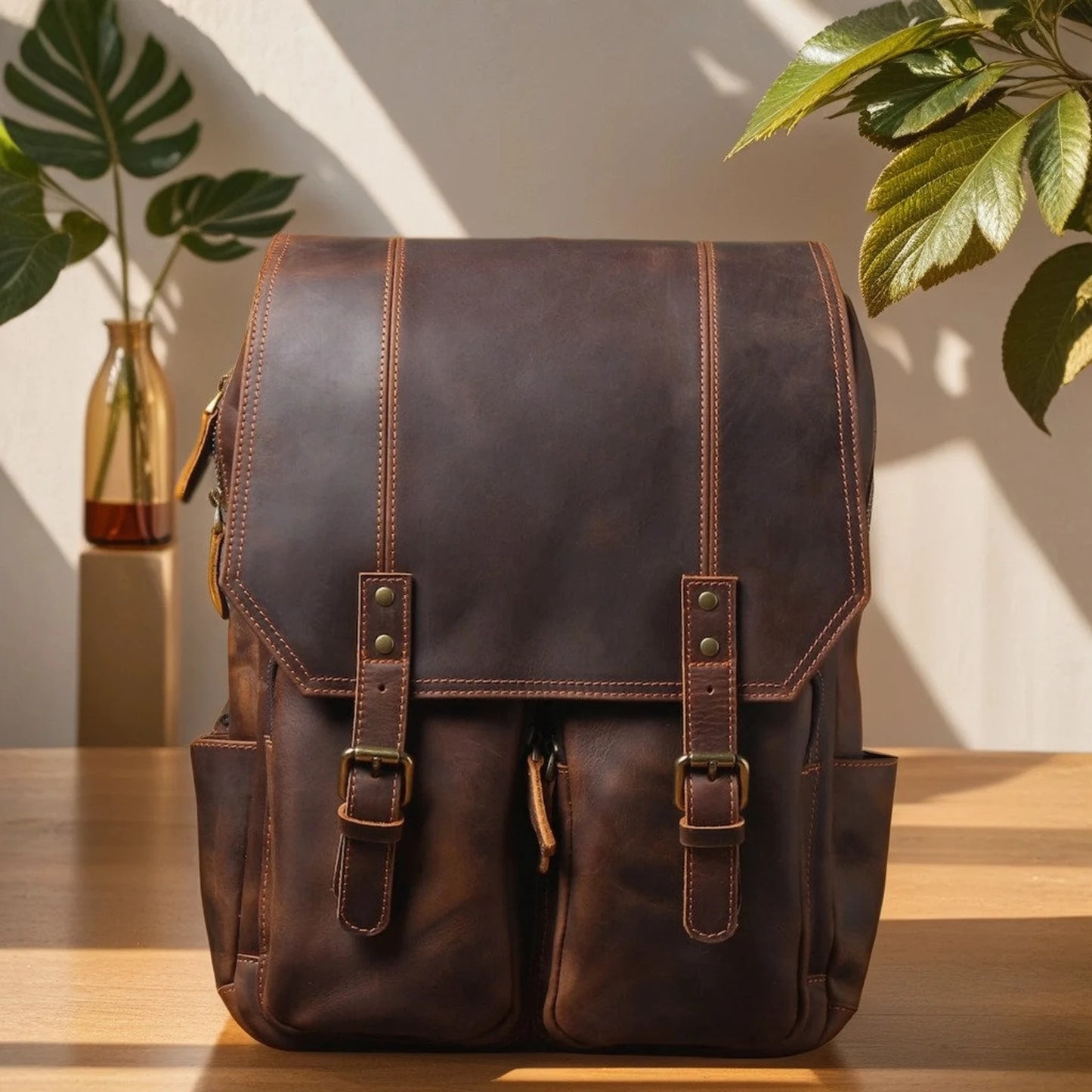 brown leather backpack men