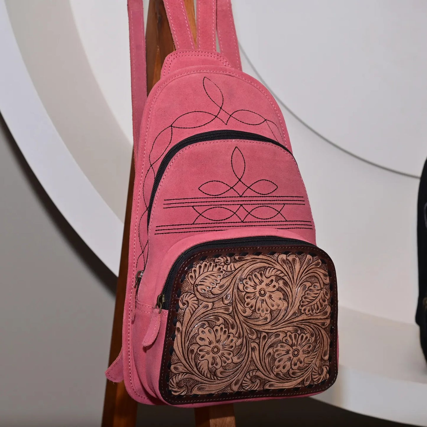 Pink Suede Tooled Leather Pink Backpack