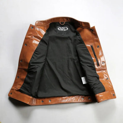 Oil Waxed Motorcycle Leather Vest Stand Collar Biker Vest