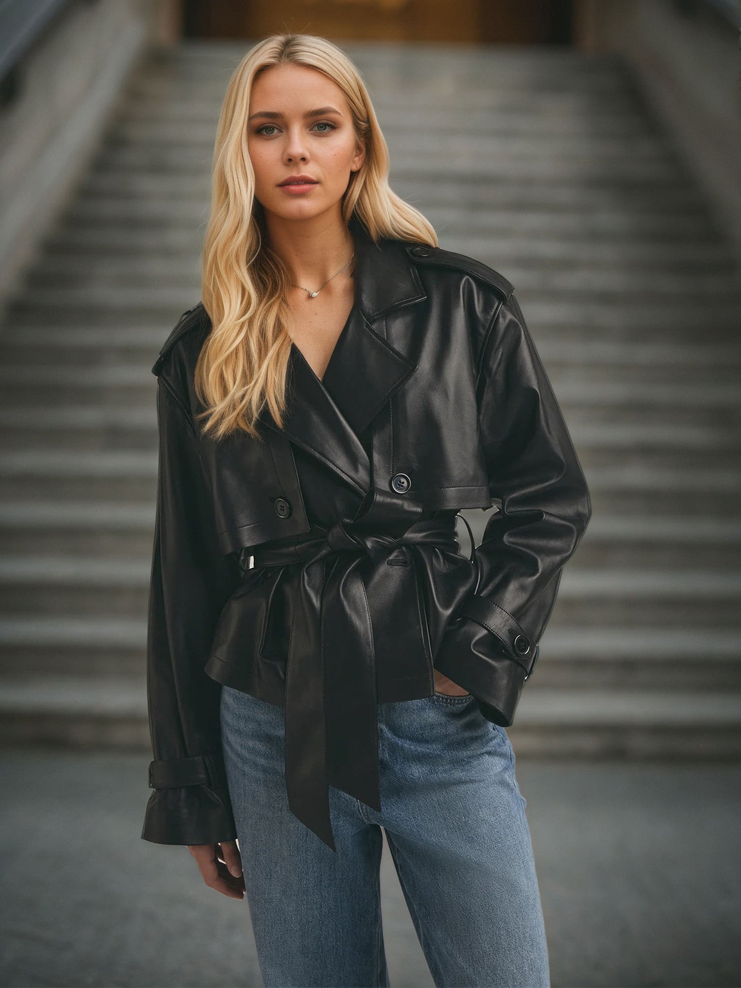Women's Faux Leather Jacket Belted Waist Slimming Moto Biker Style