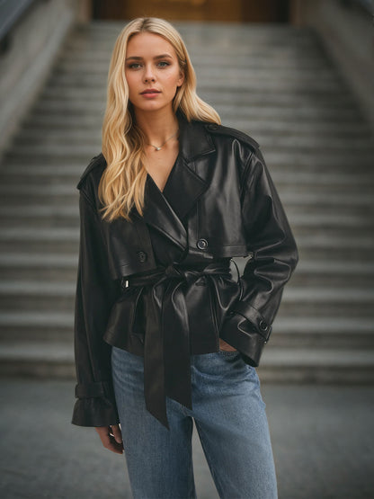 Women's Faux Leather Jacket Belted Waist Slimming Moto Biker Style