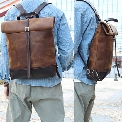 Real Leather Roll Up Backpack