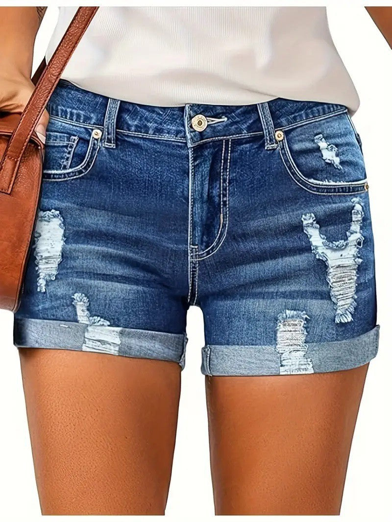 women high waist ripped denim shorts