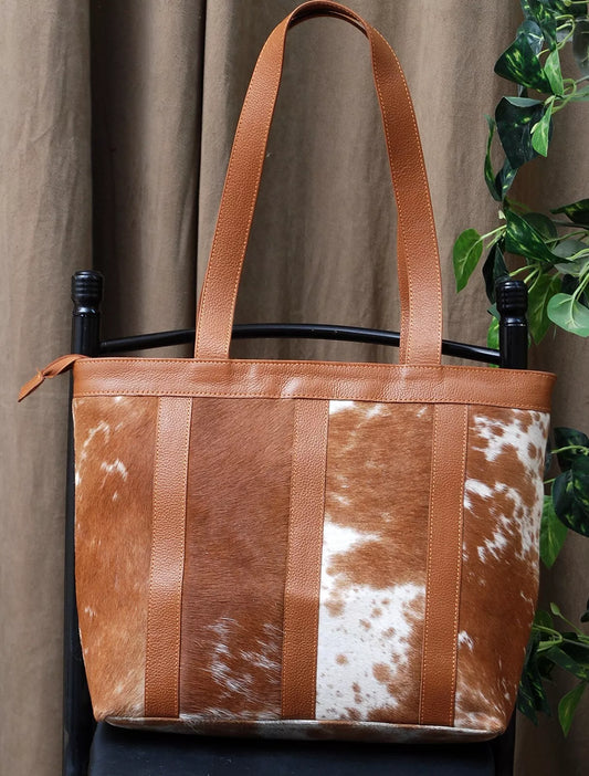 Large Cowhide Leather Brown White Bag