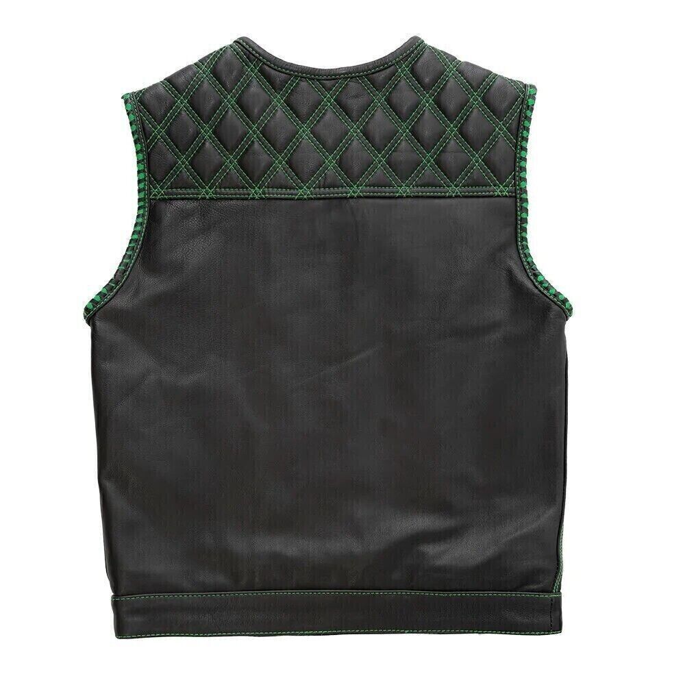 Black Leather Men's Vest With Green Paisley lining