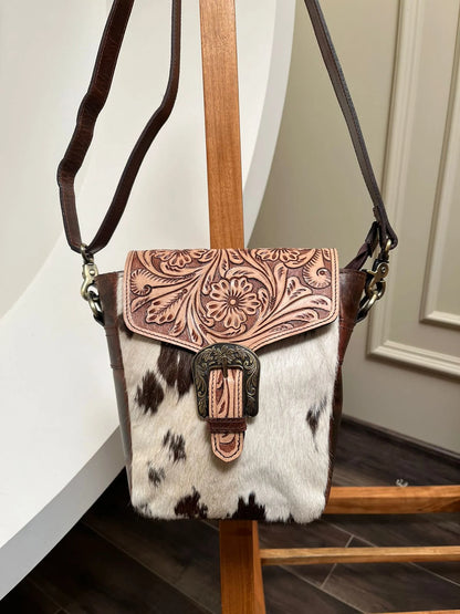 Cowhide crossbody bag with tooled leather