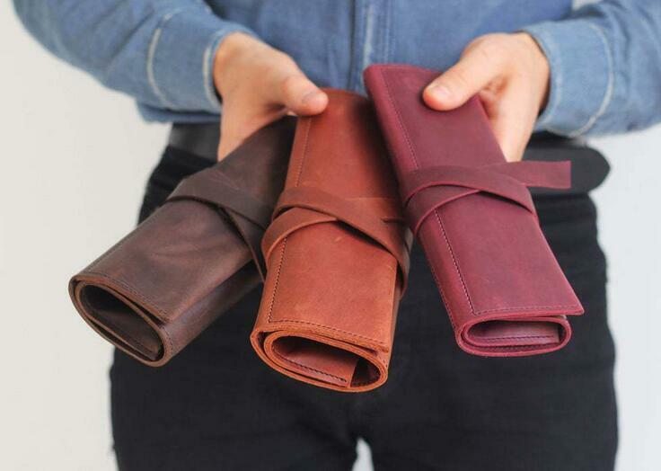 Leather pencil case roll zipper