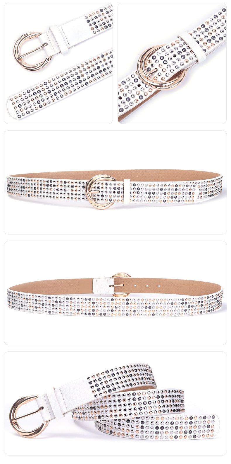 Five row rivet wide faux leather belt White 105 cm