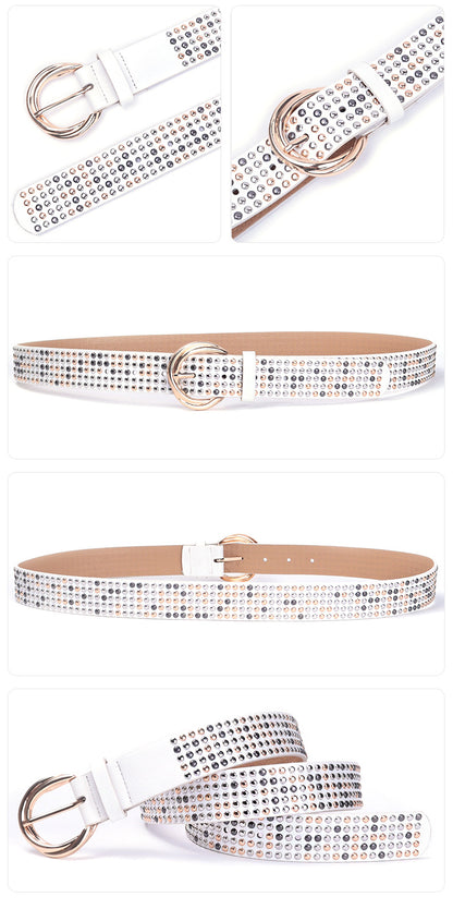 Five row rivet wide faux leather belt White 105 cm